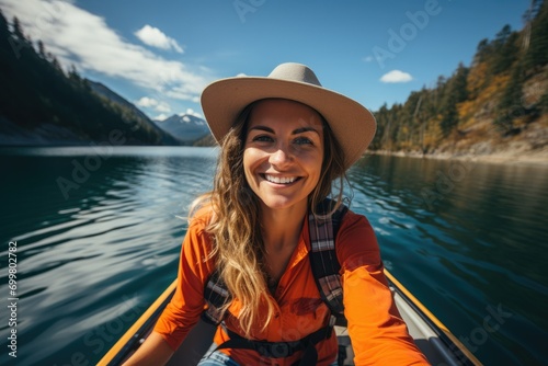 Happy Adventurer Taking a Selfie While Canoeing on a Serene Lake  © Distinctive Images