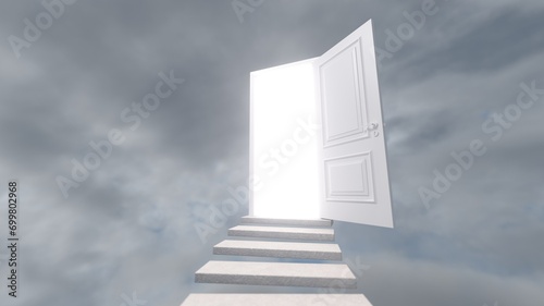White staircase to a open door against a colorful sky. Stairway to the Top. Soul Moving to Paradise. 3d render