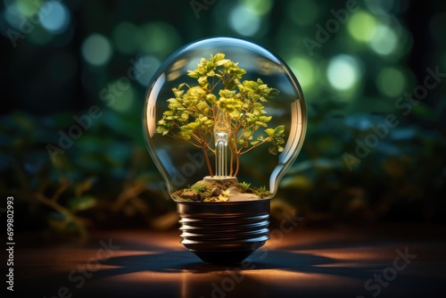 A green plant inside an incandescent lamp against a forest background.