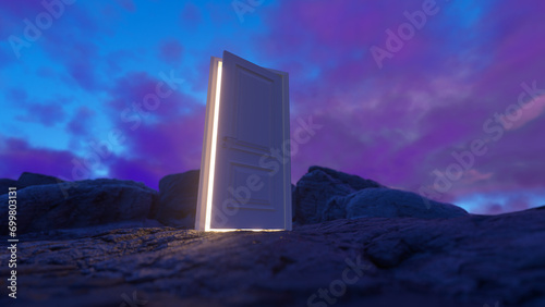 The door open and a bright orange light fills the space against a fantastic backdrop of hills and mountains and sky. Concept of innovations, future and hope, beginning or a win. 3d render
