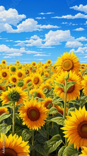 Blooming fields with yellow sunflowers