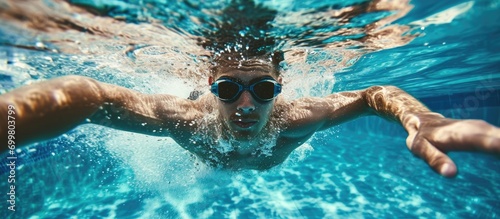 Male swimmer performing breaststroke techniques viewed from the front. photo