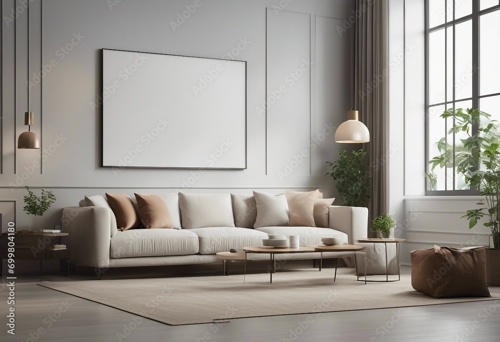Fototapeta premium Blank horizontal wall artwork frame mockup in living room interior background