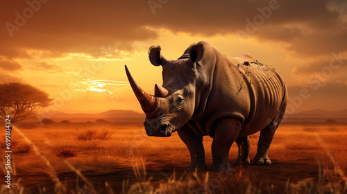 Powerful African rhino in the savanna at sunset