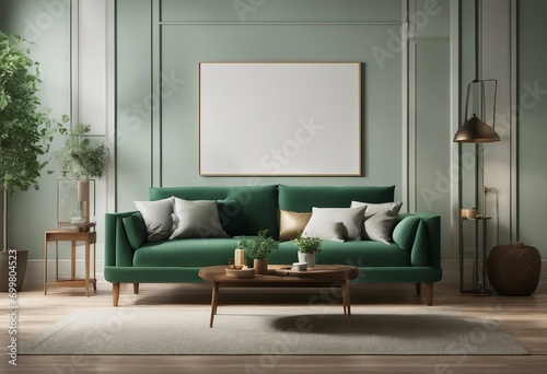 Home interior big horizontal artwork mock-up with green sofa table and decor in living room 3d render