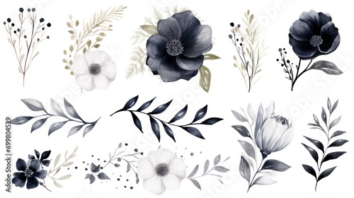  a set of black and white flowers and leaves on a white background with a place for your text or image. #699804539