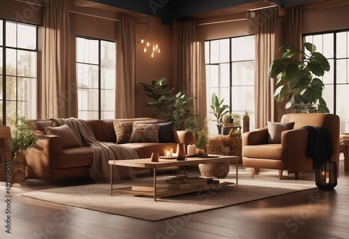 Home interior with ethnic boho decoration living room in brown warm color 3d render © FrameFinesse