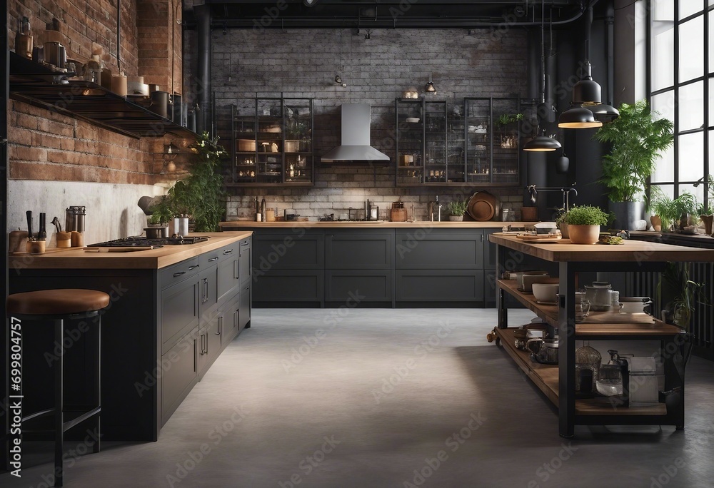 Loft apartment kitchen interior industrial style 3d render