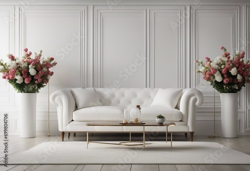 Living room interior with white sofa and flower white wall mock up background 3D render