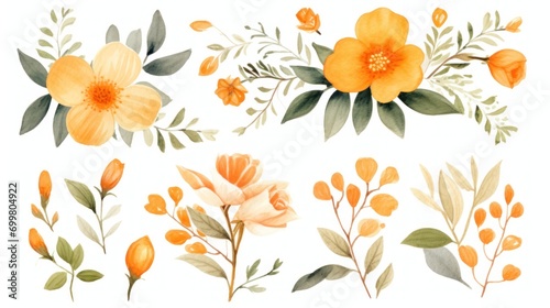  a bunch of flowers that are painted in watercolor on a white background with green leaves and orange flowers on each side of the frame. © Anna