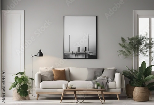 Mockup frame in Scandinavian living room interior background 3d render © FrameFinesse