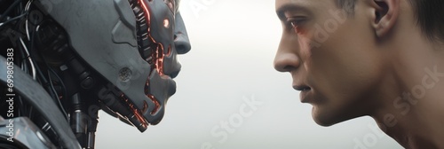 Man and humanoid robot looking at each other, humans vs digital machines, banner