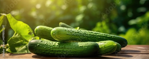 Cuccumber on the wooden table in green garden. Fresh Vegetable. Generative ai photo