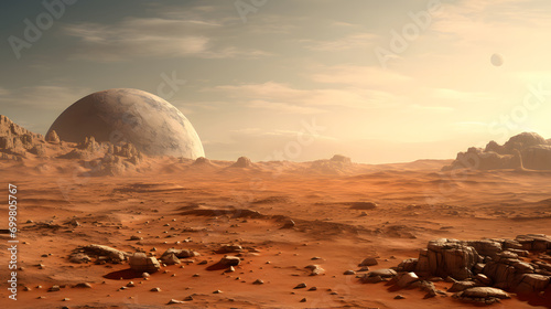 Landscape of an exoplanet with planet in the sky