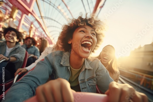 Fotografie, Tablou Friends riding roller coaster ride at amusement park
