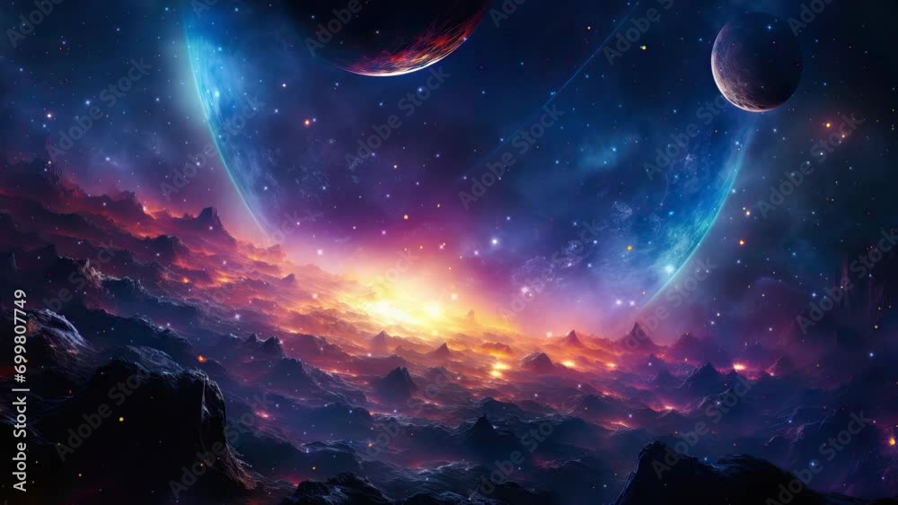 Galaxy and Nebula. Flying near the blue planet. Abstract space background. Endless universe with stars and galaxies in outer space. Cosmos art. Motion design.