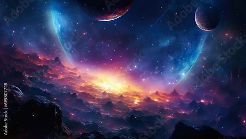 Galaxy and Nebula. Flying near the blue planet. Abstract space background. Endless universe with stars and galaxies in outer space. Cosmos art. Motion design.