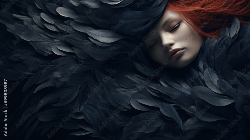  a close up of a woman with red hair and black wings on her head, with her eyes closed and eyes closed. - obrazy, fototapety, plakaty 