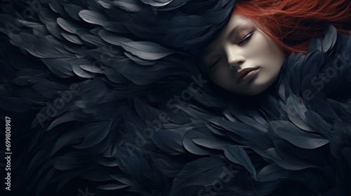  a close up of a woman with red hair and black wings on her head, with her eyes closed and eyes closed. photo