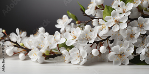 Cherry blossom branches on grey background. Spring white flower banner. Springtime easter theme.