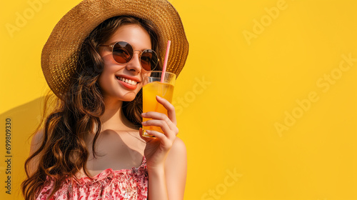 Summer candid portrait of smiling beautiful young lady drinking coctail , wearing a straw hat and sunglasses on yellow background with copy space photo