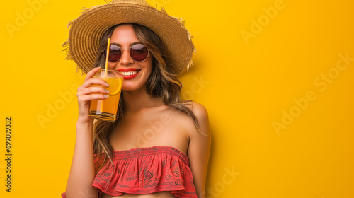 Summer candid portrait of smiling beautiful young lady drinking coctail , wearing a straw hat and sunglasses on yellow background with copy space photo