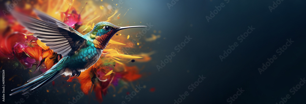 Hummingbird collecting nectar from flowers - obrazy, fototapety, plakaty 