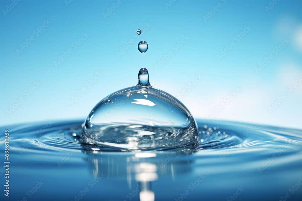 A large drop of water falls in the water, a drop of water comes into contact with water