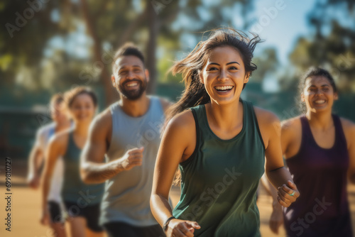 A group of young attractive people jogging in the park. photo