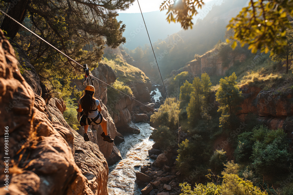 Obraz premium A woman rides through a canyon on a zipline.