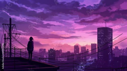 Chill Lo-fi Vibes with Night Skyline and Purple Hues: Manga and Anime Inspirations © Muhammad Salman