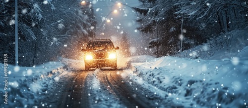 Car driving in a snowy Blizzard with low visibility using headlights. photo