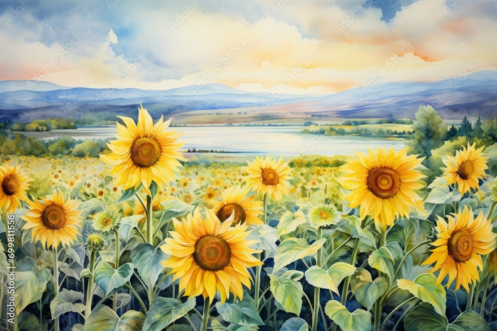 Fototapeta premium Blooming fields with yellow sunflowers, watercolor illustration