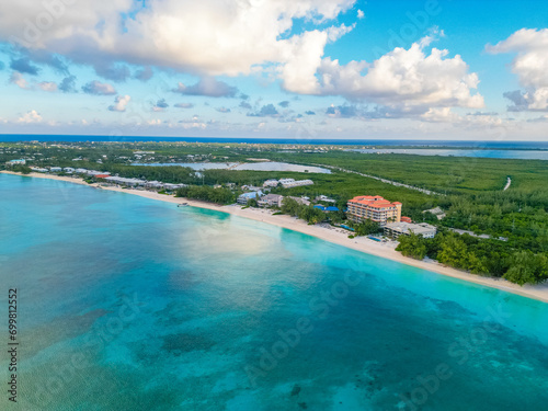 Beautiful aerial view of the Cayman Islands in the Caribbean with pristine beach turquoise blue green water sea ocean