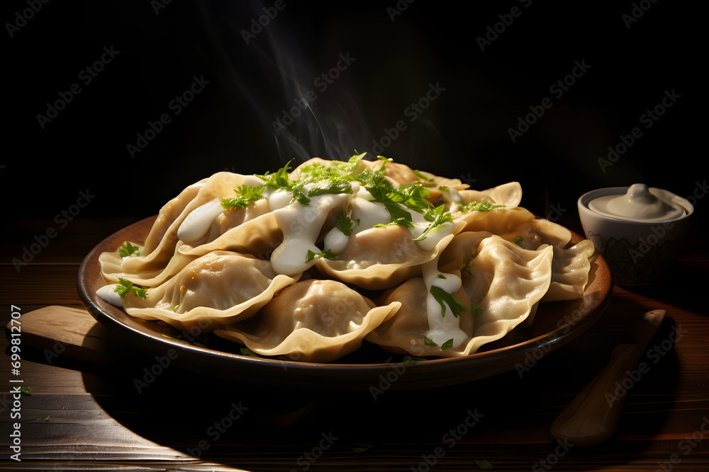 Ukrainian vareniki dumplings or pierogi with mashed potato filling, delicious cuisine, isolated on dark background