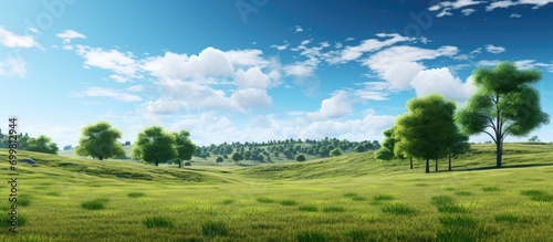 Grassy field with trees and a clear sky.