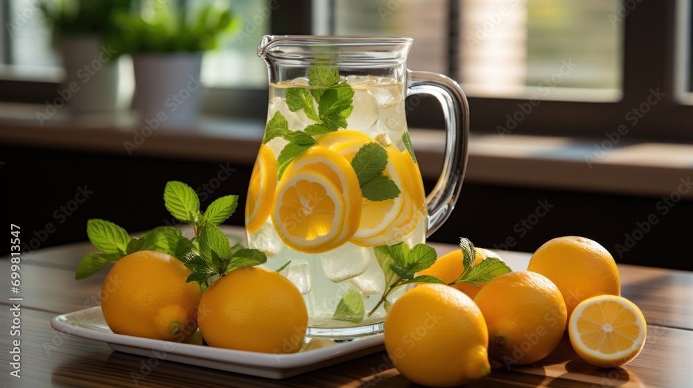 a pitcher of lemonade sitting on top of a table next to a plate of lemons and limes. a pitcher of lemonade sitting on top of a table next to a plate of lemons and limes.
