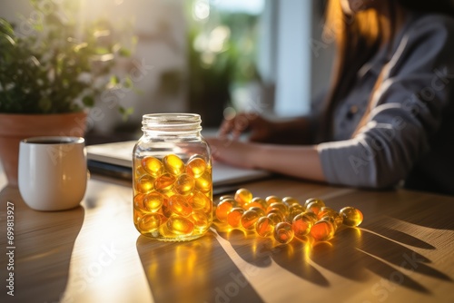 Close up of Omega 3 supplements on wooden table, copy space. bright room, takes pills, yellow capsules, white table, white background, copy space