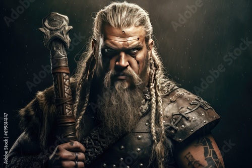 Scandinavian Viking warrior holding an ax and a shied . Generative ai