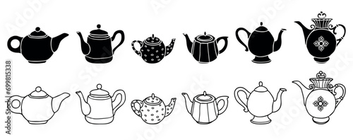 Vector contour and silhouette drawings of collection different shaped teapots, isolated on white background