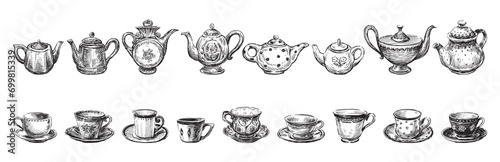 Set hand drawings of collection of various porcelain teapots and cups, saucers isolated on white