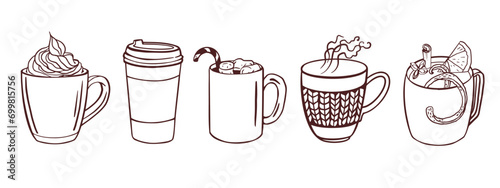 Grog, compote, cocoa, tea, coffee, cookie. Hot winter drinks cup, mug. Hand drawn illustration for cold days. Christmas winter mood doodle vector Concept for cafe, poster, recipes, social media