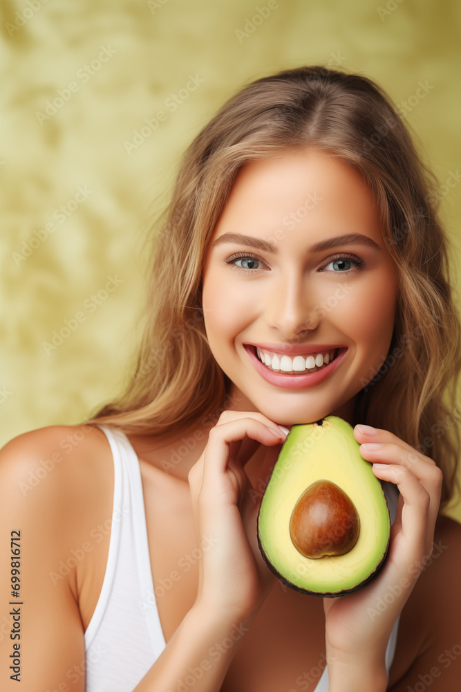 Beautiful woman smiling as she holds an avocado, emphasizing the fruit's health benefits and the essence of a wholesome lifestyle. Beautiful woman smiling as she holds an avocado, emphasizing the fruit's health benefits and the essence of a wholesome lifestyle.