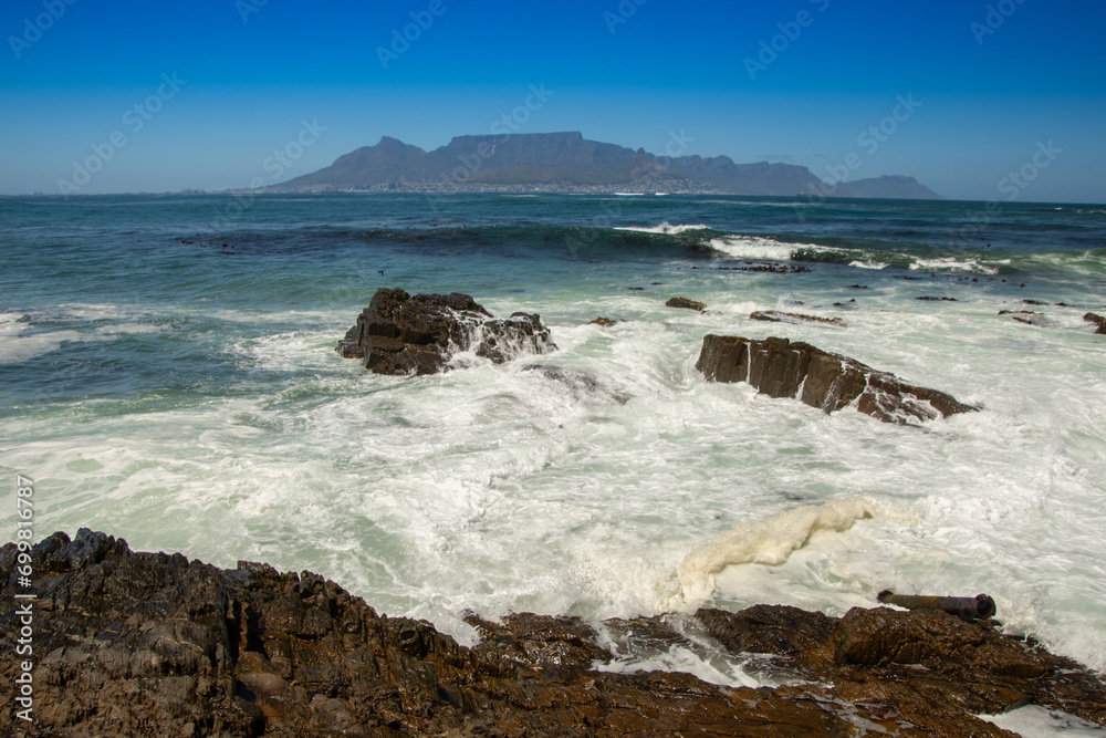 View of Cape Town and the Table from Robben Island in South Africa