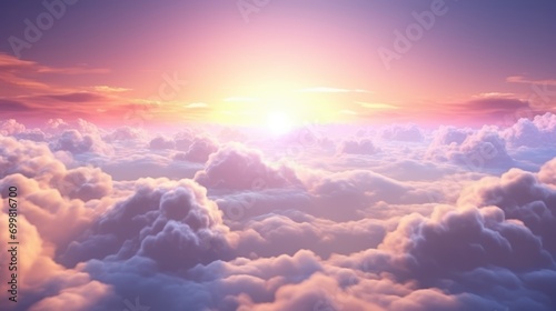  the sun shines brightly above the clouds in this artistic photo of the sun setting over a sea of clouds.