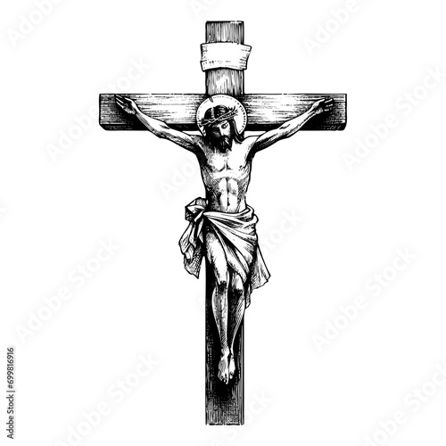 Crucifix cross with jesus sketch hand drawn engraved style religion Vector illustration