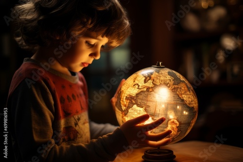 Child looking at an illuminated globe