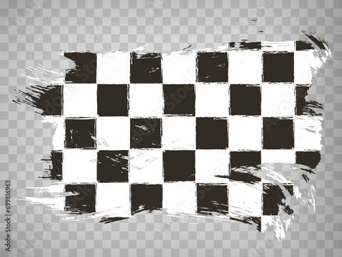 Grunge waing car race flag, brush stroke background. Checkered pattern of start and finish of auto rally and motocross, banner for karting sport, championship trophy on transparent background, EPS10.