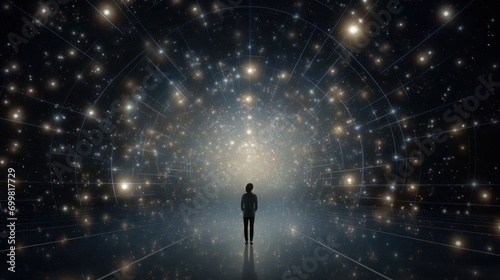  a person standing in the middle of a room with a lot of stars on the ceiling and a light at the end of the room.