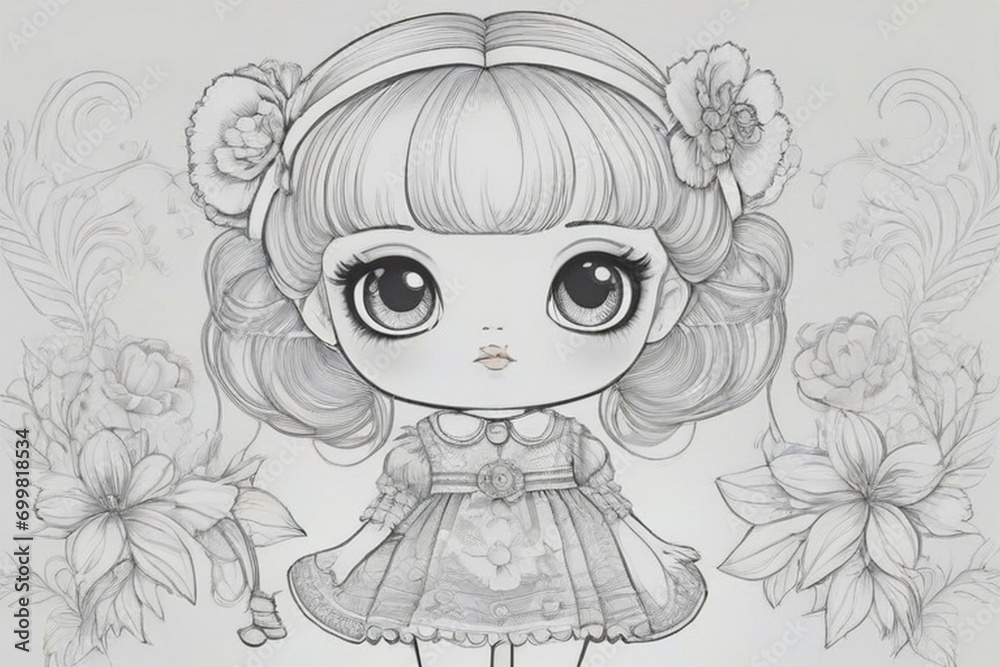 Cute doll hand drawn coloring book page illustration Cute doll hand drawn coloring book page illustration